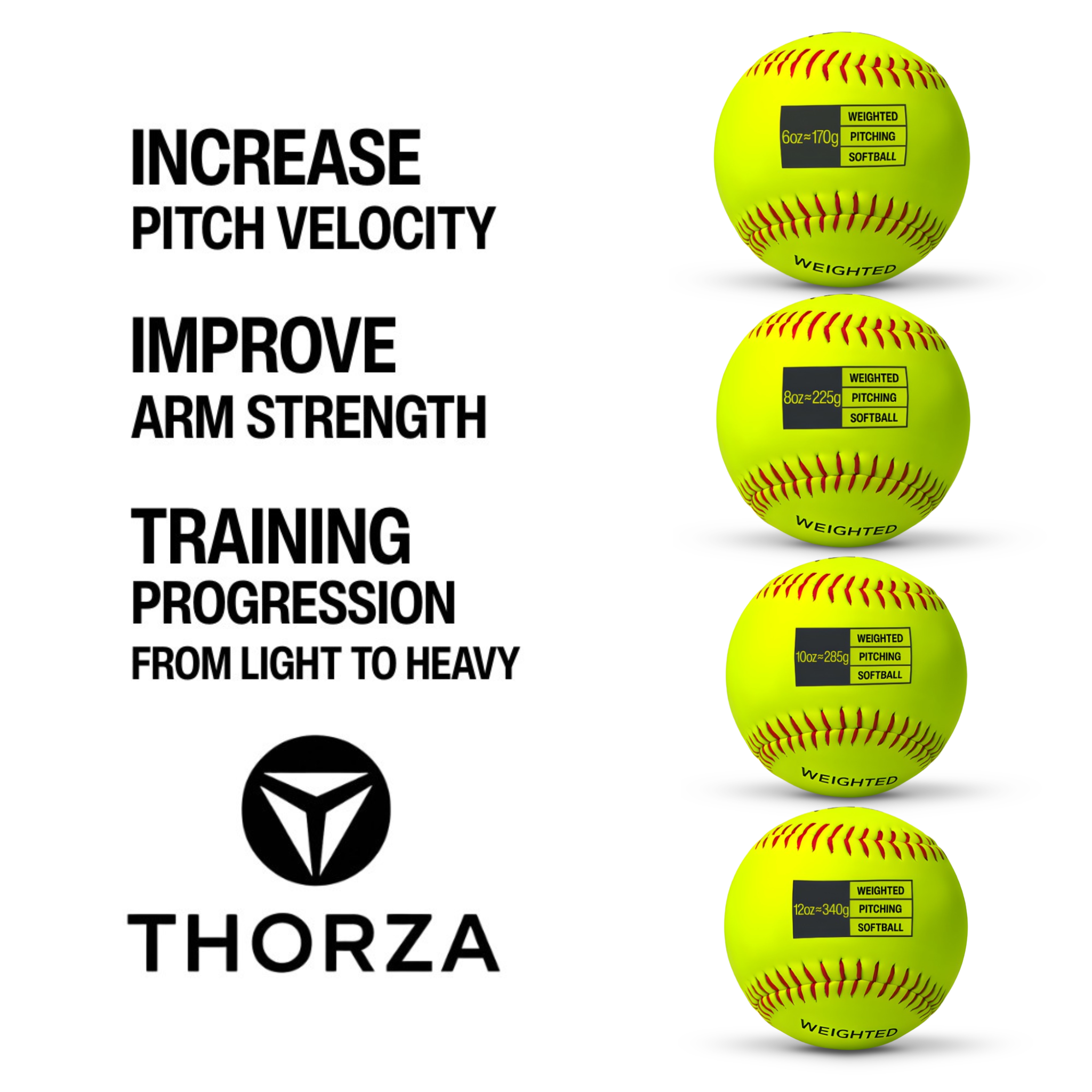 Thorza 12" Weighted Training Softballs Set of 4 (6, 8, 10 & 12 oz)